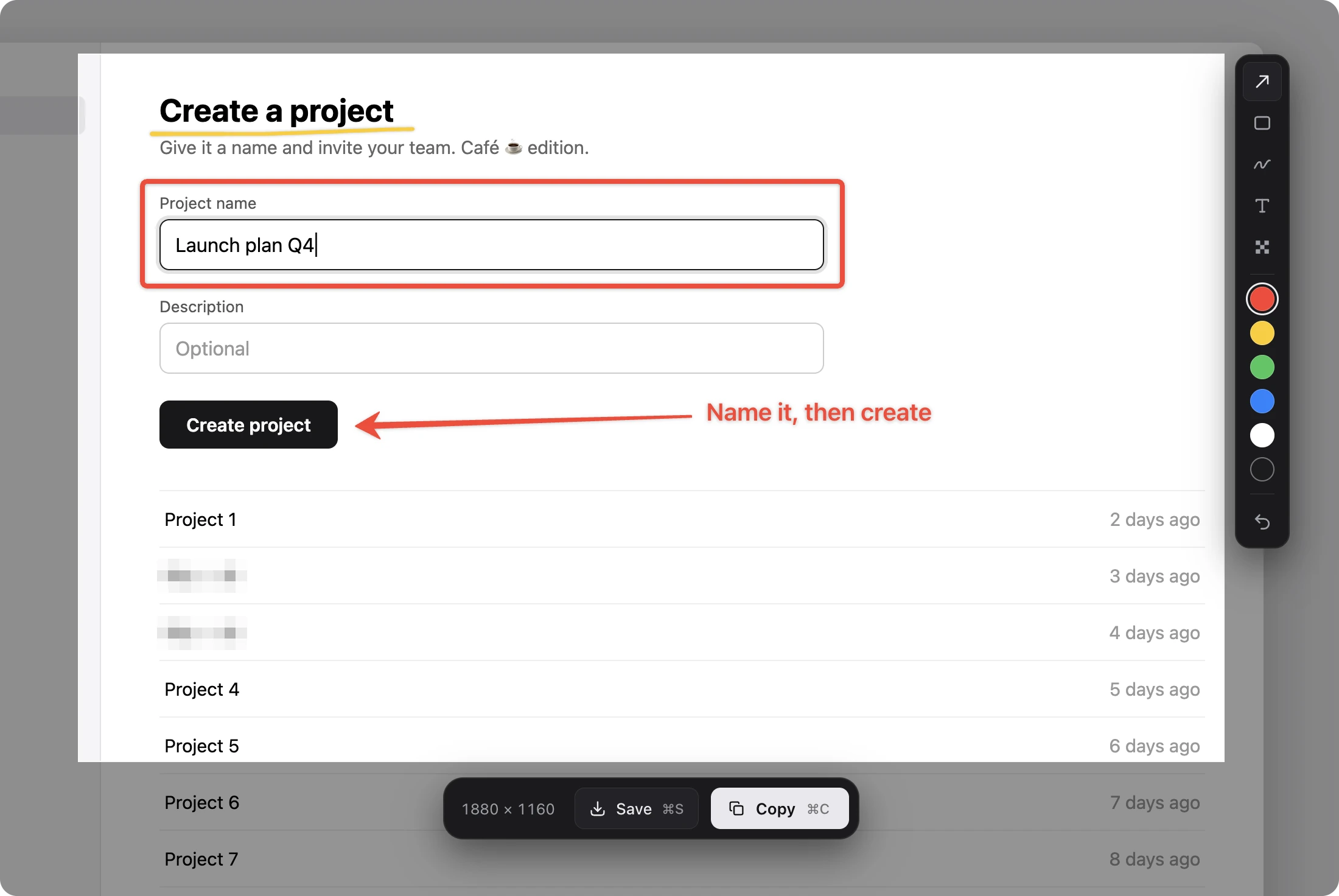 Grip's capture overlay on a frozen screen: a red box and arrow mark up a web app's Create project form, two project names are pixelated, and a bar offers Save and Copy.