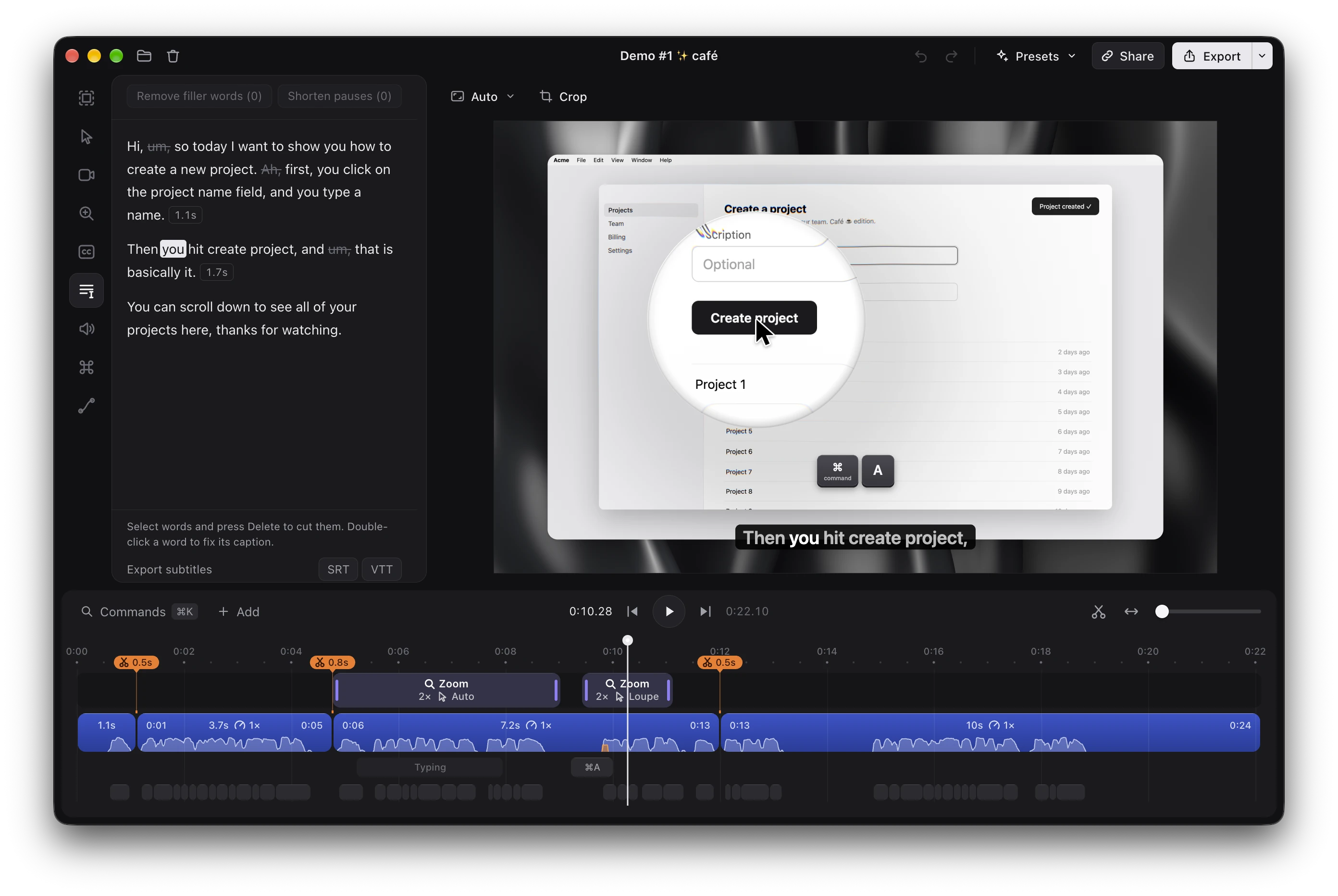 The Grip editor: a glass loupe over a Create project button in the preview, three filler words struck through in the transcript, and the timeline split where they were cut.