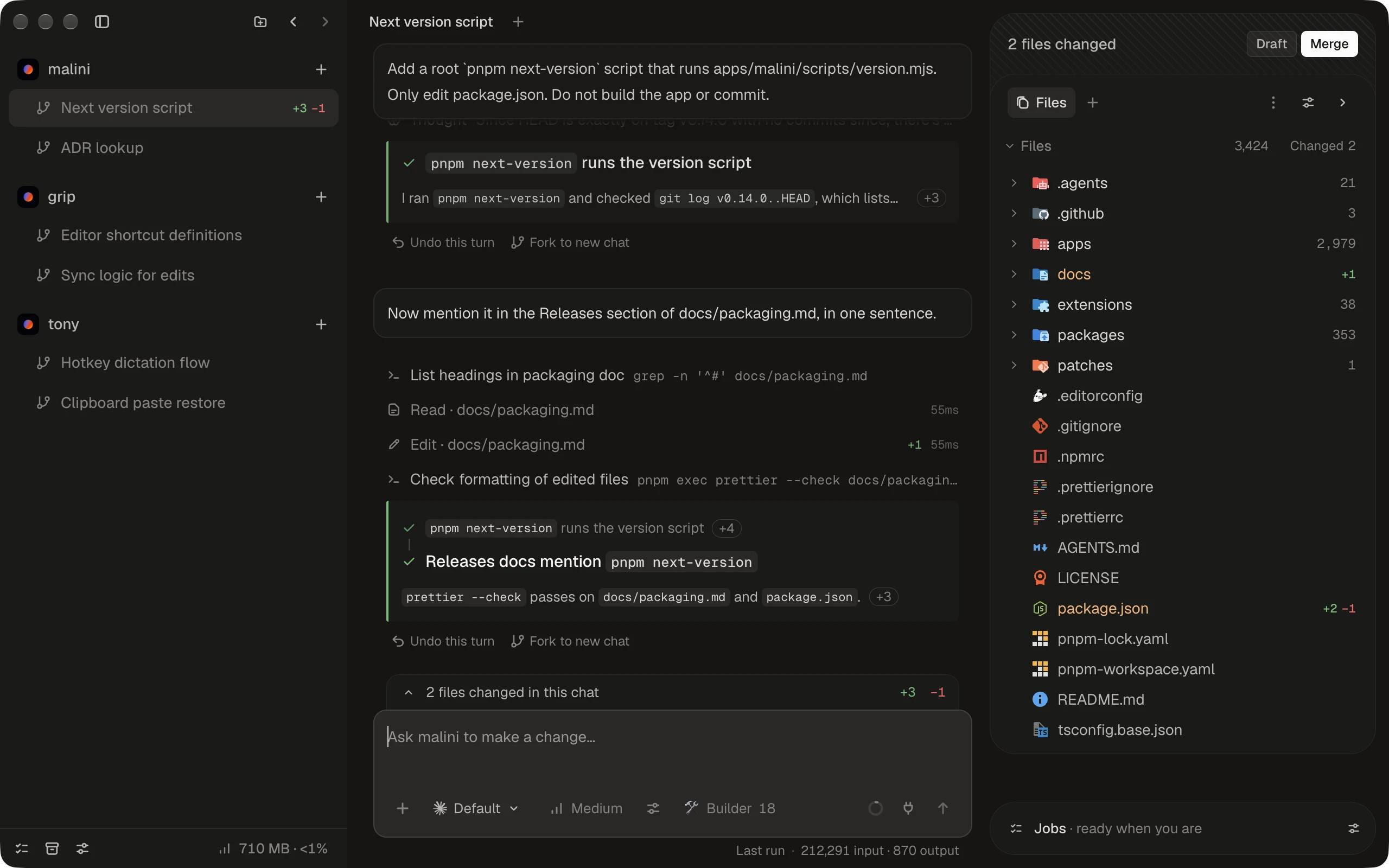 Malini with three repositories in the sidebar, an agent's finished run in the chat, and the changed files beside it
