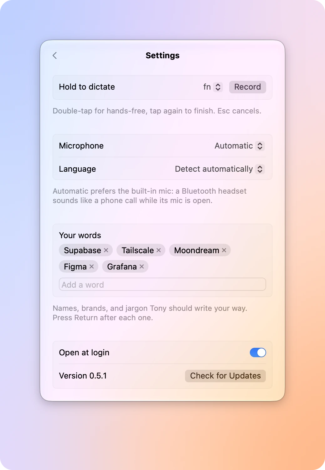 Settings in the panel: the key, the microphone, the language, your words as tags, and Open at login